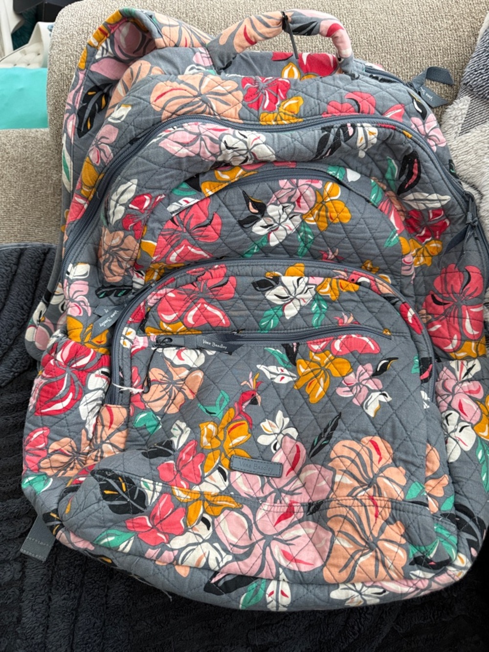 Vera Bradley Quilted Backpack in Gray with Pink, Yellow & Green Floral Print